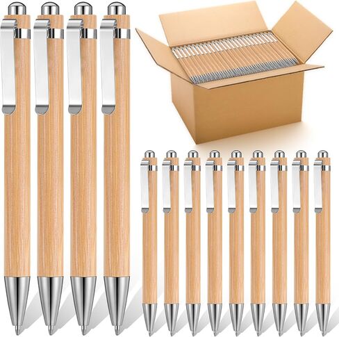 SHENLIU 100 قطعة من أقلام الخيزران السائبة، قلم حبر جاف خشبي قابل للسحب، حبر أسود 1 مم، أقلام نقش قابلة للتخصيص، قلم هدية للرجال والنساء، مكتب المنزل، موظف المدرسة، كتابة التوقيع اليومي in Kuwait