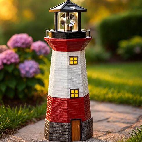 Jumbl 15" Red Solar Lighthouse with Rotating LED – Nautical Outdoor Resin Décor for Coastal Gardens and Yards in Kuwait