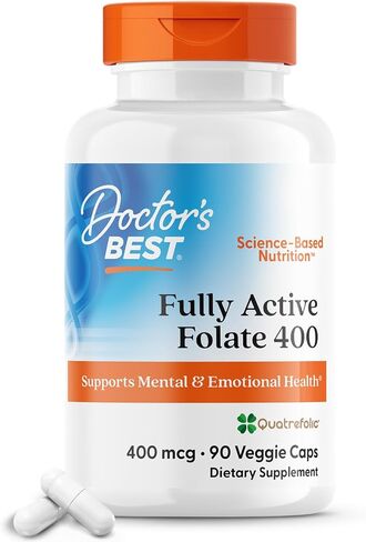 Doctor's Best Fully Active Folate with Quatrefolic NonGMO Vegan Gluten Free 400 mcg Veggie Caps, 90 Count in Kuwait