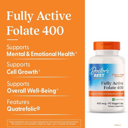 Doctor's Best Fully Active Folate with Quatrefolic NonGMO Vegan Gluten Free 400 mcg Veggie Caps, 90 Count in Kuwait