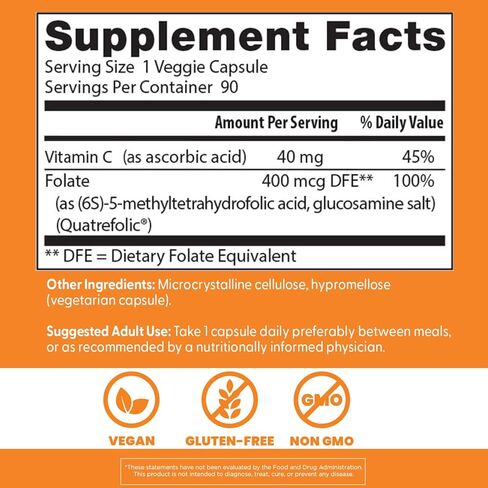 Doctor's Best Fully Active Folate with Quatrefolic NonGMO Vegan Gluten Free 400 mcg Veggie Caps, 90 Count in Kuwait