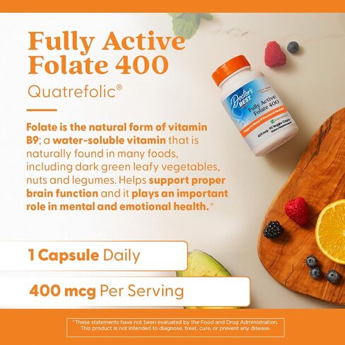 Doctor's Best Fully Active Folate with Quatrefolic NonGMO Vegan Gluten Free 400 mcg Veggie Caps, 90 Count in Kuwait