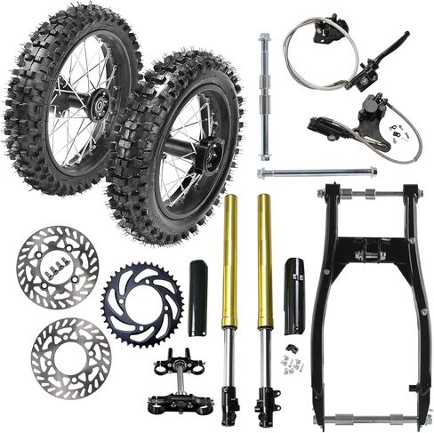 Front Motorcycle Tire 60/100-14 & Rear Knobby Tire 80/100-12 Disc Brake Wheel Rim, 15mm Bearing & 14'' Rear Swing Arm & Front Fork 45mm/48mm for Pit Dirt Bike 110cc 125cc 140cc in Kuwait