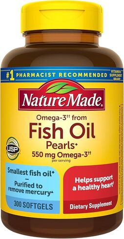 Nature Made Omega 3 Fish Oil Pearls 550 mg per serving, Small Size Fish Oil Supplements as Ethyl Esters, Omega 3 Supplement for Healthy Heart Support, 300 Softgels, 100 Day Supply in Kuwait