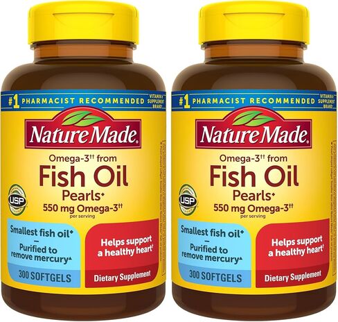 Nature Made Omega 3 Fish Oil Pearls 550 mg per serving, Small Size Fish Oil Supplements as Ethyl Esters, Omega 3 Supplement for Healthy Heart Support, 300 Softgels, 100 Day Supply in Kuwait