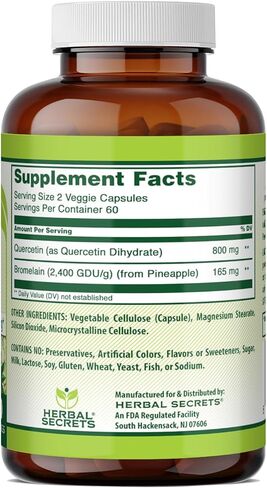 هيربال سيكريتس كيرسيتين 800 مجم مع بروميلين 165 مجم، 120 كبسولة نباتية | غير معدل وراثيًا | خالي من الغلوتين | صنع في الولايات المتحدة الأمريكية | مثالية للنباتيين in Kuwait
