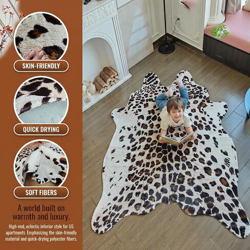 JACCAWS Faux Leopard Rug - Durable and Soft (4.6ft x 6.6ft) - Cheetah Print Rug for a Western Boho Decor - Synthetic, Cruelty-Free Animal Print Rugs with No-Slip Backing (4.6ft x 6.6ft) in Kuwait