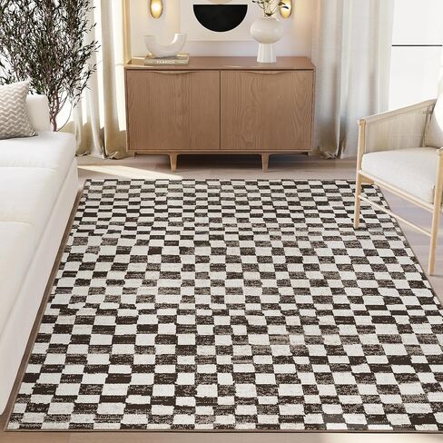 Abani Area Rug 4' x 6' - Brown Checkered Pattern - Vivienne Collection - Machine Washable - Easy to Clean, Durable for Living Rooms, Bedrooms, & Dining Areas in Kuwait