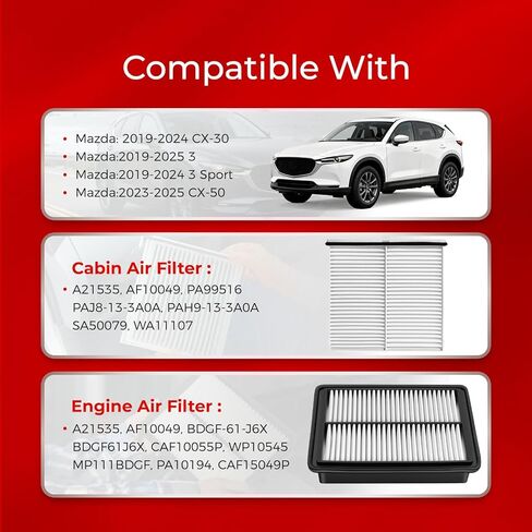 Engine & Cabin Air Filter Kit Compatible with 2019-2024 Mazda CX-30, 2019-2025 Mazda 3, 2023-2025 CX-50 | Replace BDGF-61-J6X, PAH9-13-3A0A | Includes Mazda CX30 Cabin Air Filter-Equivalent Models in Kuwait