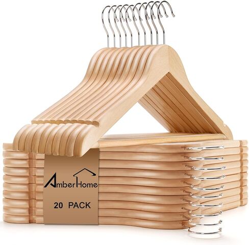 Amber Home 30 Pack Wooden Coat Hangers, Natural Wood Suit Hangers with Non Slip Pant Bar, Clothes Hangers for Shirts, Jackets, Dress, Pant (Natural, 30) in Saudi Arabia