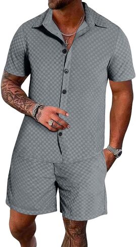 UOUA Mens Velour Tracksuit 2 Piece Outfits Short Sleeve Button Down Shirt and Short Sets Casual Sweatsuits in Kuwait