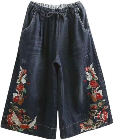 chouyatou Women's Y2k Baggy Wide Leg Cropped Jeans Flower Embroidered Elastic Waist Capri Denim Pants Culottes in Saudi Arabia