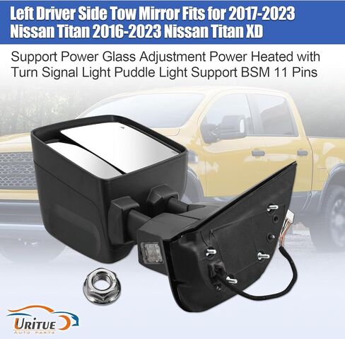 Left Driver Side Tow Mirror Fits for 2017-2023 Nissan Titan 2016-2023 Titan XD Support Power Glass Adjustment Power Heated with Turn Signal Light Puddle Light Support BSM 11 Pins 963029FT1E in Kuwait