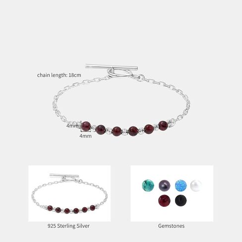 925 Sterling Silver Garnet Bracelet - Adjustable 16-18cm Chain, 4mm Round Beads - Garnet Womens Bracelets - January Birthstone - Perfect Anniversary and Valentines Day Gift in Kuwait