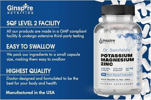 Magnesium Potassium Supplements w/Zinc - 90 Capsules - Magnesium Potassium Zinc for Vascular Health – High Absorption Vegan Potassium Magnesium Supplement for Leg Cramps & Sleep in Kuwait