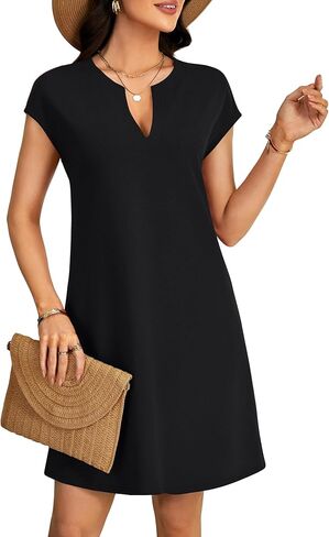 OPOIPIN Women's Notch Neck Cap Sleeve Loose Fit A Line Vacation Casual Mini Dress in Saudi Arabia