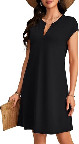 OPOIPIN Women's Notch Neck Cap Sleeve Loose Fit A Line Vacation Casual Mini Dress in Saudi Arabia