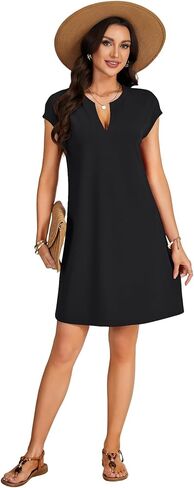 OPOIPIN Women's Notch Neck Cap Sleeve Loose Fit A Line Vacation Casual Mini Dress in Saudi Arabia