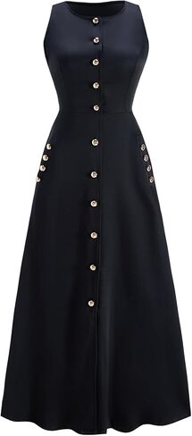Women's Button Down Maxi Dress Elegant Crew Neck Sleeveless Business Casual Dresses with Pockets in Kuwait