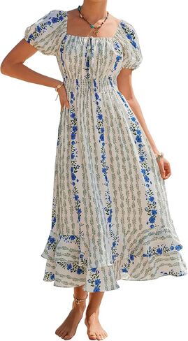 Kate Kasin Womens Summer Boho Floral Maxi Dress 2026 Square Neck Puff Sleeve Smocked Flowy A Line Beach Wedding Guest Dresses in Kuwait