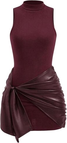 Women's Faux PU Leather Mock Neck Bodycon Dress Ruched Tie Waist Wrap Sleeveless Mini Dresses in Saudi Arabia