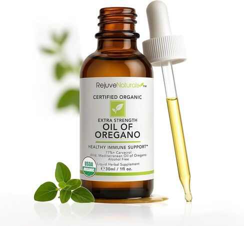 RejuveNaturals Extra Strength Oil of Oregano, USDA Organic, 1 fl oz (30ml Liquid) Wild, Mediterranean Oregano Oil. Concentrated Immune Support Drops. Gluten Free, Vegan & Non-GMO. Min 77% Carvacrol in Saudi Arabia