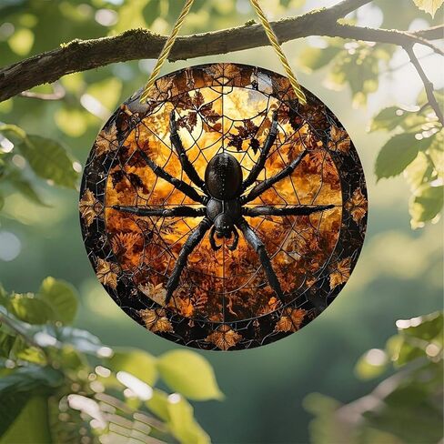Colorful Acrylic Suncatcher, Spiderweb Autumn Leaves Spider 7-inch Hanging Window Wall Art Decor with Printed Stained Glass Style Design, Gift Idea & Garden Ornament Indoor Outdoor Use in Saudi Arabia