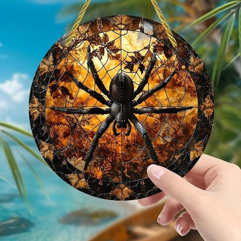 Colorful Acrylic Suncatcher, Spiderweb Autumn Leaves Spider 7-inch Hanging Window Wall Art Decor with Printed Stained Glass Style Design, Gift Idea & Garden Ornament Indoor Outdoor Use in Saudi Arabia