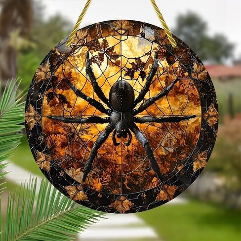 Colorful Acrylic Suncatcher, Spiderweb Autumn Leaves Spider 7-inch Hanging Window Wall Art Decor with Printed Stained Glass Style Design, Gift Idea & Garden Ornament Indoor Outdoor Use in Saudi Arabia
