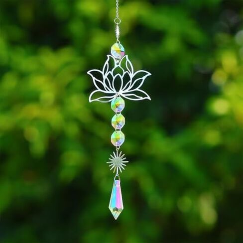 Silver Sun Catcher Lotus Flower & Leaf with Crystal Prisms Rainbow Maker Pendant Window Hanging Ornament for Home Garden Rearview Mirror Charms Gift in Saudi Arabia