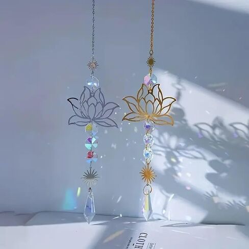 Silver Sun Catcher Lotus Flower & Leaf with Crystal Prisms Rainbow Maker Pendant Window Hanging Ornament for Home Garden Rearview Mirror Charms Gift in Saudi Arabia