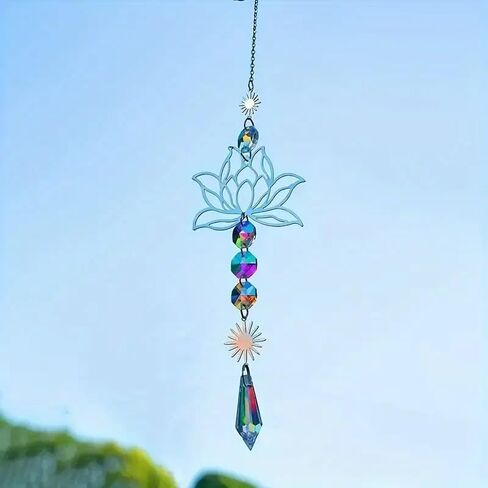 Silver Sun Catcher Lotus Flower & Leaf with Crystal Prisms Rainbow Maker Pendant Window Hanging Ornament for Home Garden Rearview Mirror Charms Gift in Saudi Arabia