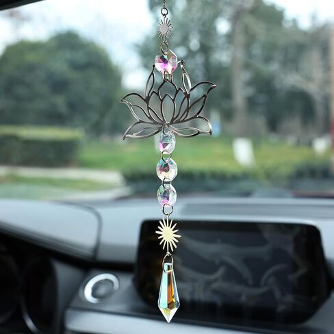 Silver Sun Catcher Lotus Flower & Leaf with Crystal Prisms Rainbow Maker Pendant Window Hanging Ornament for Home Garden Rearview Mirror Charms Gift in Saudi Arabia