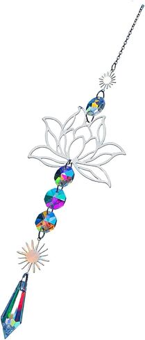 Silver Sun Catcher Lotus Flower & Leaf with Crystal Prisms Rainbow Maker Pendant Window Hanging Ornament for Home Garden Rearview Mirror Charms Gift in Saudi Arabia