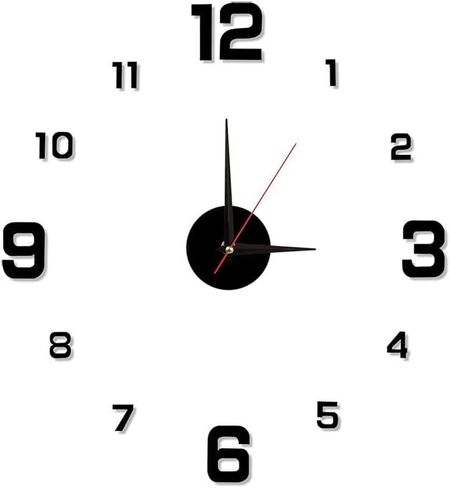 Self-Adhesive Silent Mirror Wall Clock - Noiseless DIY Installation | Modern Wall Sticker for Office & Home Decor, Black in Saudi Arabia