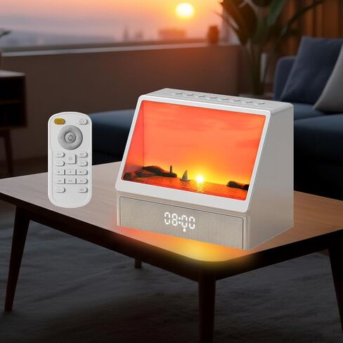 Sunrise Alarm Clock for Bedrooms, White Noise Machine Creative Simulated Sunrise Animation with 7 Modes, 12 Natural Sounds, Music Speaker & Remote, Wake Up Light Sunset Lamp Gifts for Heavy Sleepers in Kuwait