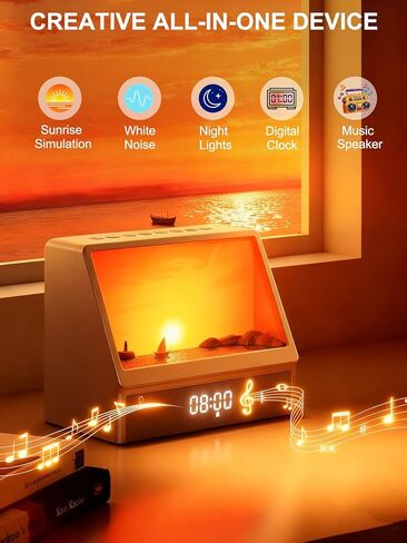 Sunrise Alarm Clock for Bedrooms, White Noise Machine Creative Simulated Sunrise Animation with 7 Modes, 12 Natural Sounds, Music Speaker & Remote, Wake Up Light Sunset Lamp Gifts for Heavy Sleepers in Kuwait
