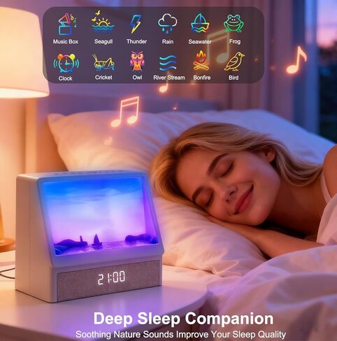 Sunrise Alarm Clock for Bedrooms, White Noise Machine Creative Simulated Sunrise Animation with 7 Modes, 12 Natural Sounds, Music Speaker & Remote, Wake Up Light Sunset Lamp Gifts for Heavy Sleepers in Kuwait
