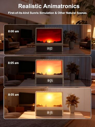 Sunrise Alarm Clock for Bedrooms, White Noise Machine Creative Simulated Sunrise Animation with 7 Modes, 12 Natural Sounds, Music Speaker & Remote, Wake Up Light Sunset Lamp Gifts for Heavy Sleepers in Kuwait