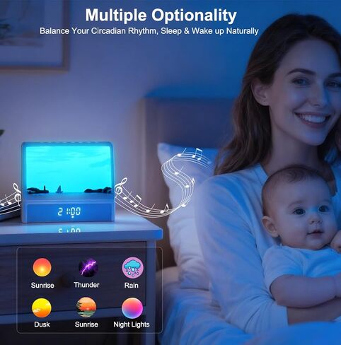 Sunrise Alarm Clock for Bedrooms, White Noise Machine Creative Simulated Sunrise Animation with 7 Modes, 12 Natural Sounds, Music Speaker & Remote, Wake Up Light Sunset Lamp Gifts for Heavy Sleepers in Kuwait