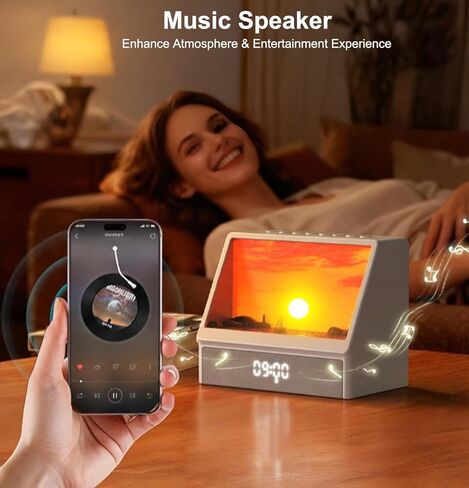 Sunrise Alarm Clock for Bedrooms, White Noise Machine Creative Simulated Sunrise Animation with 7 Modes, 12 Natural Sounds, Music Speaker & Remote, Wake Up Light Sunset Lamp Gifts for Heavy Sleepers in Kuwait
