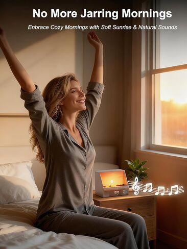 Sunrise Alarm Clock for Bedrooms, White Noise Machine Creative Simulated Sunrise Animation with 7 Modes, 12 Natural Sounds, Music Speaker & Remote, Wake Up Light Sunset Lamp Gifts for Heavy Sleepers in Kuwait