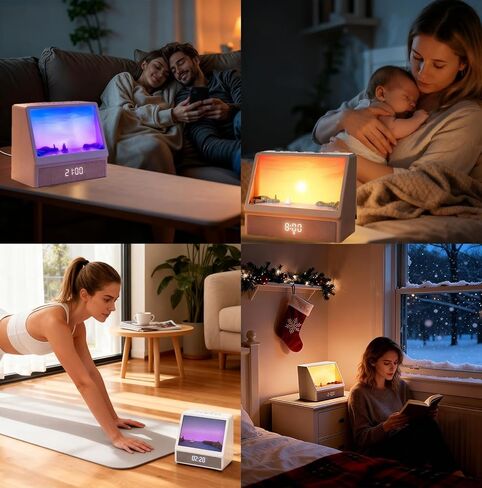 Sunrise Alarm Clock for Bedrooms, White Noise Machine Creative Simulated Sunrise Animation with 7 Modes, 12 Natural Sounds, Music Speaker & Remote, Wake Up Light Sunset Lamp Gifts for Heavy Sleepers in Kuwait