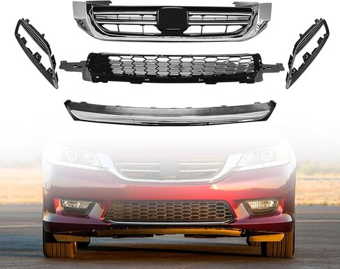 Accord Front Bumper Upper & Lower Grille Set Compatible with 2013 2014 2015 Honda Accord Sedan with Chrome Molding and Fog Light Covers in Kuwait