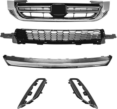 Accord Front Bumper Upper & Lower Grille Set Compatible with 2013 2014 2015 Honda Accord Sedan with Chrome Molding and Fog Light Covers in Kuwait