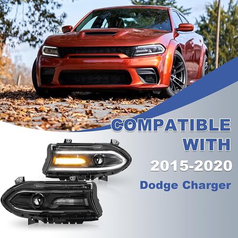 Set of 2 Left And Right Side Halogen Headlights LED Dual Beam Projector Headlamps Assembly For 2015 2016 2017 2018 2019 2020 Dodge Charger SRT GT SXT 68214398AA 68214399AA in Kuwait
