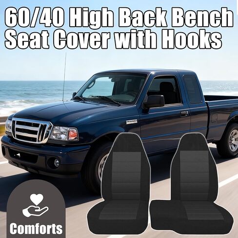 Jokuye غطاء مقعد من القماش الأمامي 60/40 لسيارة Ford Ranger XLT 2004 2005 2006 2007 2008 2009 2010 2011 2012 بدون غطاء وحدة التحكم-أسود in Kuwait