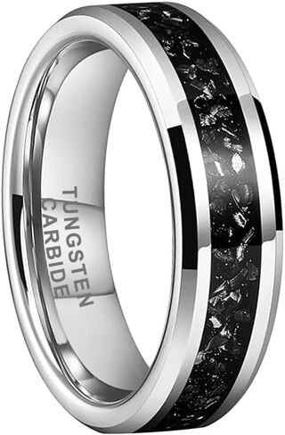6mm 8mm Silver/Black Tungsten Rings for Men Women Meteorite Shavings Inlay Promise Engagement Wedding Bands Beveled Edges Polished Shiny Comfort Fit in Kuwait