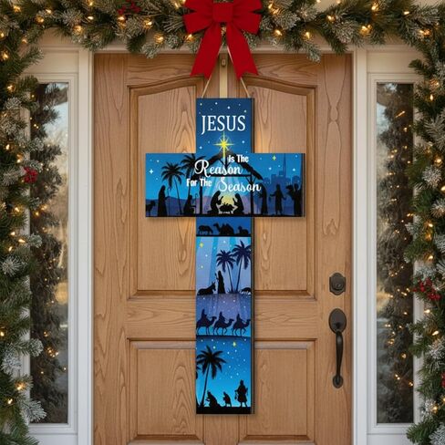 Meooeck Large Easter He Is Risen Door Sign Wooden Religious Cross Hanging Decor Easter Wreaths for Front Door Christian Flowers Lent Hanging Hanger for Farmhouse Front Porch in Saudi Arabia
