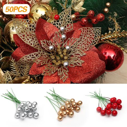 50pcs Christmas Fake Berries Home Decorberry Ornaments Perfect for DIY Decor Parties Holiday Events Christmas Tree Decor (Red, 1cm) in Saudi Arabia